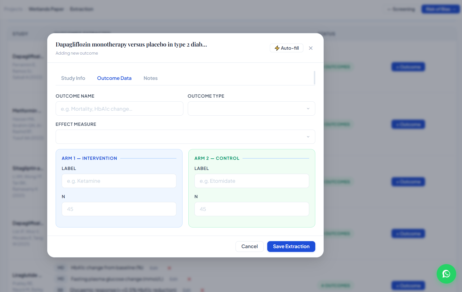 Data extraction dialog with separate intervention and control arm fields and an auto-fill action.