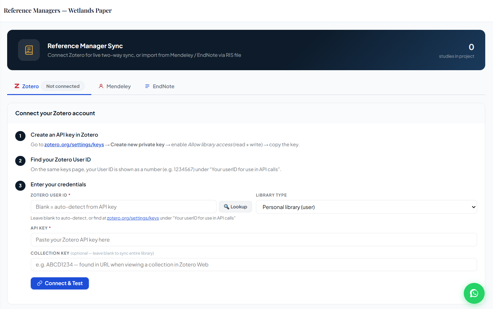 Reference manager sync screen with Zotero, Mendeley, and EndNote tabs and API key setup.